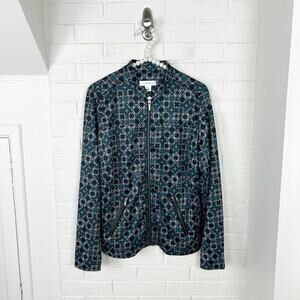 Christopher & Banks Green Patterned Zip Front Relaxed Bomber Jacket Size M